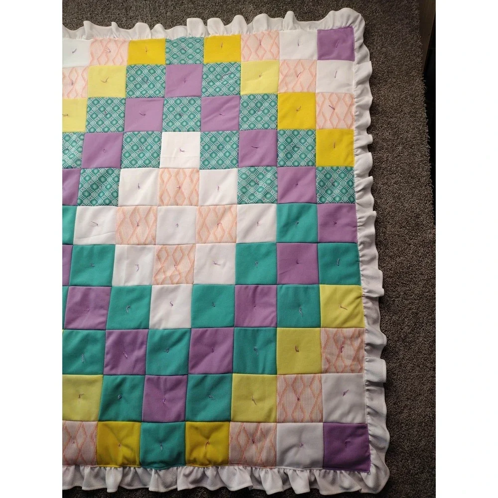70's Crib Quilt Baby Toddler Blanket Handmade Patchwork 42